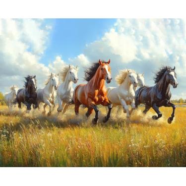 Imagem de TUMOVO Kits de pintura por números, kit de pintura por números para adultos - rebanho de cavalos selvagens galopantes em vasta pradaria, pintura de paisagem de corrida de cavalos em tela, projeto de