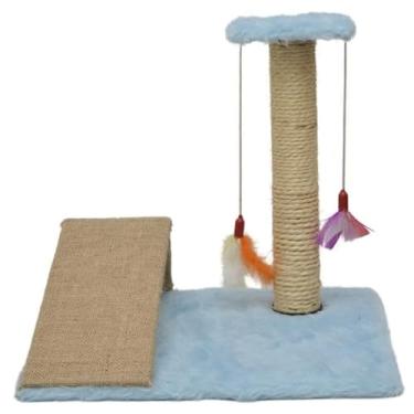 Imagem de Arranhador para Gato com Poste de Sisal, Rampa e Brinquedo com Pena – Brinquedo Pet Interativo(Azul)
