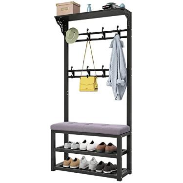 Imagem de SLGGPJBU Cabideiro de vestuário com assento, prateleiras de armazenamento industriais independentes com banco de sapatos e ganchos, para quarto e sala de estar