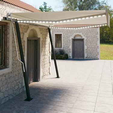 Imagem de Toldo externo para janela de porta, cobertura de pátio, proteção UV contra chuva e neve, toldo retrátil manual com postes 9,8'x2' creme (creme + LED 400 cm x 300 cm (C x L))