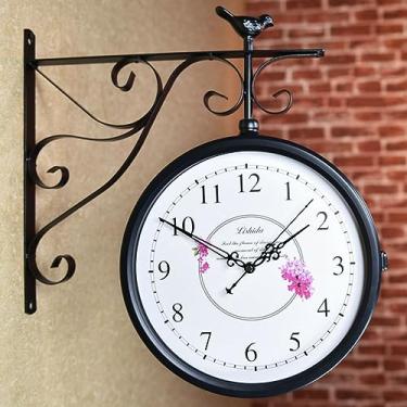 Imagem de SLGGPJBU Relógio de parede de dupla face, relógio de parede vintage de ferro de metal para arte de parede decorativa ao ar livre, relógio de parede retrô antigo, à prova d'água, estilo europeu