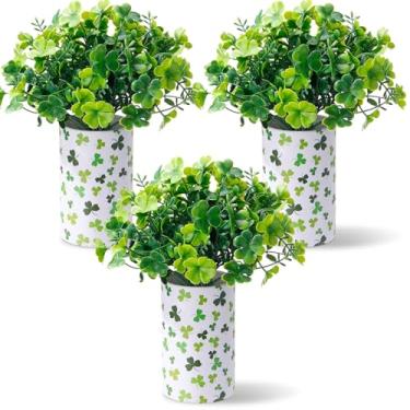 Imagem de MotiMind Conjunto de 3 peças centrais de mesa de dia de São Patrício, inclui 3 caixas de flores de trevo redondo irlandês, 6 plantas de trevo artificial, arranjo de trevo falso DIY para o dia de São