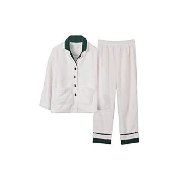 Imagem de HHHJQFAAT Pijama feminino de flanela de lazer de inverno plus size terno de serviço doméstico roupa de dormir quente (branco 1X)