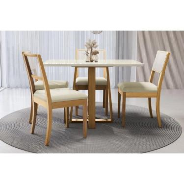 Imagem de Mesa Cozinha Elma Premium Madeira Maciça c/ Tampo Madeirado c/ Vidro 120x80cm e 4 Cadeiras Lola Carvalho/Off White - Linho Bege Argila-Kappesberg