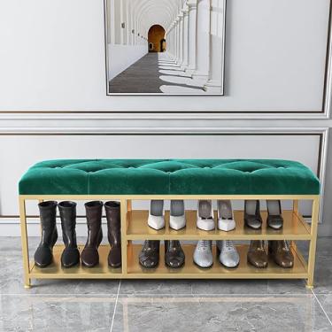 Imagem de Sapateira moderna com base de metal, sapateira com assento acolchoado, banco de entrada organizador de sapatos, banco de armazenamento de sapatos de 2 níveis com armazenamento de botas para sala de