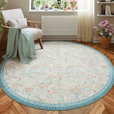 Imagem de Clemile Tapete redondo floral 15 x 15 - Tapete antiderrapante vintage para sala de estar tapetes boho laváveis - Tapete macio e resistente a manchas para cozinha, quarto, sala de jantar, interior