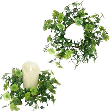 Imagem de Anel de vela do dia de São Patrício, guirlanda artificial de trevo de quatro folhas, suporte de vela da sorte, mini guirlanda de vela verde para armário, casamento, festa, decoração de casa (1 peça)