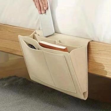 Imagem de Bolsa de armazenamento suspensa de feltro, organizador de sofá com vários bolsos, suporte lateral que economiza espaço para controles remotos, livros, lenços, revistas, cáqui