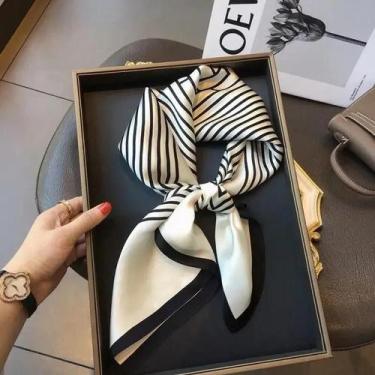 Imagem de Lenço De Seda Satinada Para Mulheres Com Estampa Listrada, Bandana Qua