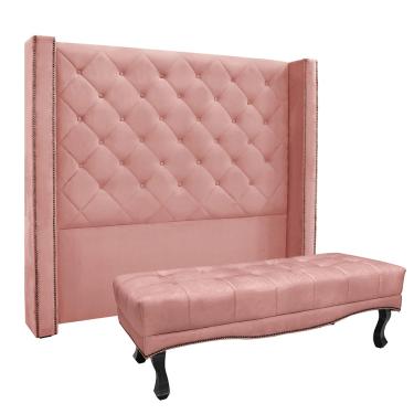 Imagem de Cabeceira Cama Box Solteiro 90cm e Recamier Vicenza Veludo Rosa S04 - D'Rossi