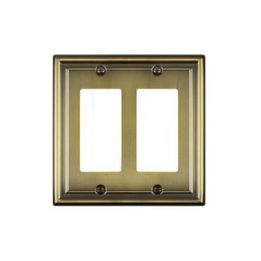 Imagem de ZILLSEA Placas de parede decorativas duplas, tampas de tomada elétrica de metal para receptáculos, interruptores de intensidade de luz, tomadas GFCI, latão antigo, 2 faixas, 1 pacote