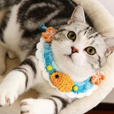 Imagem de Babador para animais de estimação, bonito feito à mão, de malha, adorável, decorativo, para cães/gatos pequenos e médios, ideal para uso diário, brincadeiras e alimentação (azul)