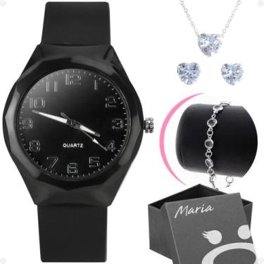 Imagem de Relogio feminino aço inox prova dagua + caixa + colar brinco preto cor