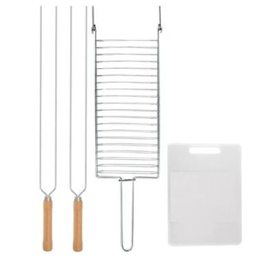 Imagem de Kit Preparo Churrasco 4pcs Churrasqueira Grelha 2 Espetos Duplo 65cm e