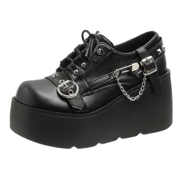 Imagem de Tênis feminino punk Mary Jane plataforma com corrente de laço rebite, casual, couro gótico, preto, bico redondo, salto grosso, jeans, saias para Halloween, viagem, festa, cosplay, encontros, - Estilo