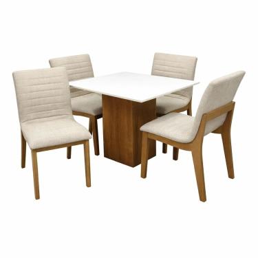 Imagem de Mesa de Jantar Dakota 90x90cm Sem Vidro e 4 Cadeiras Sofia em Linho Madeira Cel Móveis Cor Cinamomo Off White com Tecido Bege
