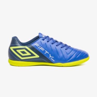 Imagem de Chuteira Futsal Fifty IV League Umbro Unissex Cor:Azul+Verde LimãoTama