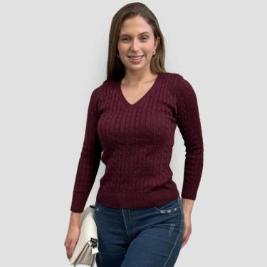 Imagem de Blusa Feminina Tricot Transinha Gola V Basica Elastano Manga Longa Inv