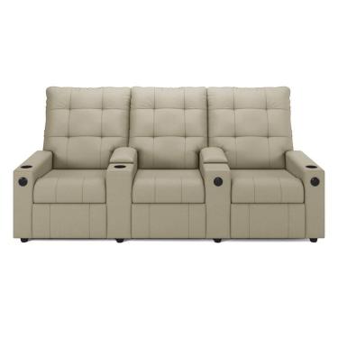 Imagem de Poltrona Reclinável Para Cinema Parma 3 Lugares Baú Usb Pu Bege Fh1 - D`rossi