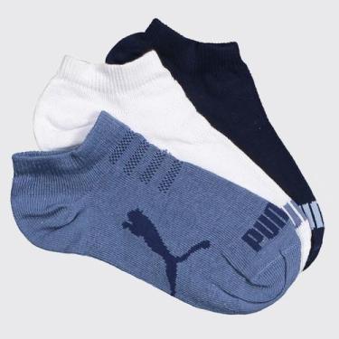Imagem de Kit Meia Puma Sapatilha 3 Pares Infantil Marinho Azul e Branca, 29-34