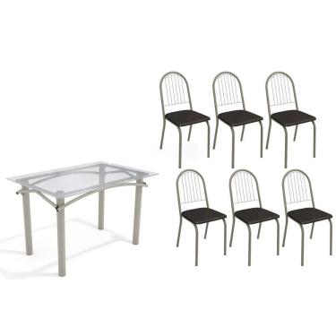 Imagem de Conjunto de Jantar Sala Completa Elba 6 Lugares Tampo de Vidro com Cadeiras Noruega Niquel Courano Preto 120x80cm