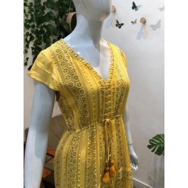 Imagem de Vestido indiano amarelo viscose estampado-blessedscs-m - Palak, Amarel