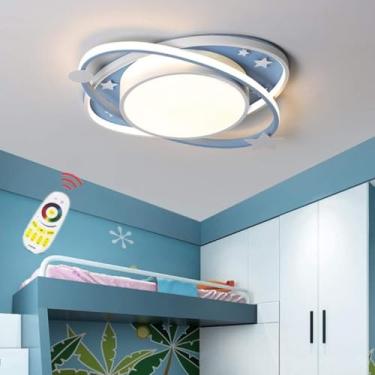 Imagem de Lâmpada do teto do quarto das crianças LED lâmpada do teto dos desenhos animados criativa azul circular planeta lâmpada do teto com controle remoto escurecimento lustre do quarto das criança