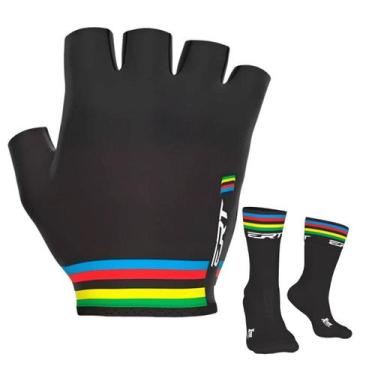 Imagem de Kit Luva ciclismo meio dedo curto ERT Campeão Mundial + Meia Cor:Preto