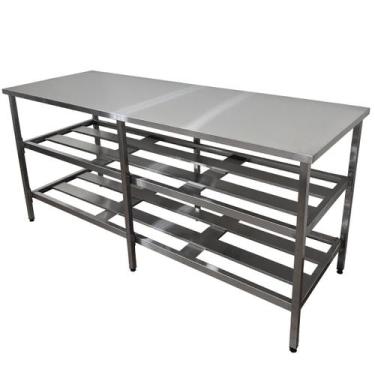 Imagem de Mesa Aço Inox Profissional 150x70x90cm com 2 Prateleiras Fenestradas N