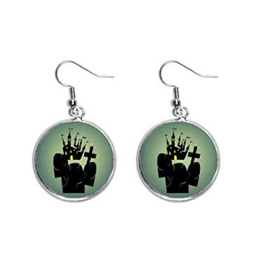 Imagem de Cemitério fora do castelo de Halloween brinco pendente prata joia feminina