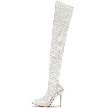 Imagem de Sandálias femininas femininas recortadas acima do joelho salto alto sexy bico fino malha stiletto salto alto botas longas diamante, Branco com broca, 39 BR