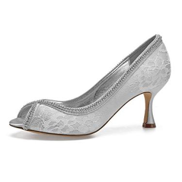Imagem de Sapato feminino de renda Peep Toe casamento salto gatinha strass sandália vestido de noiva show formatura noite, Prata, 6.5