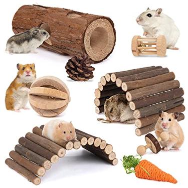 Imagem de Sofier Brinquedos de hamster, acessórios para gaiola, brinquedos naturais de porquinho-da-índia e mastigáveis para dentes, brinquedos de rato, brinquedos de chinchila, ponte de esconderijo de madeira,