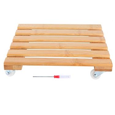 Imagem de OKJHFD Bambu Móvel Planta Vaso Flor Prateleira De Armazenamento Bandeja com 4 Rodas Rolantes para Pátio Jardim Interior Exterior Plantador Bandeja Coaster Vaso De Planta Móvel, 9,8 x 9,8 x 0,8 pol.