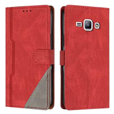 Imagem de Hee Hee Smile Capa tipo carteira com alça de pulso para Samsung Galaxy J1 Premium PU couro bolsa magnética com zíper bolso para cartão vermelho