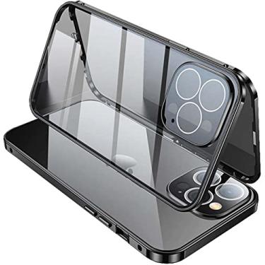 Imagem de BKUANE Capa de telefone de vidro temperado transparente HD dupla face, para Apple iPhone 14 Pro Max capa magnética [estrutura de pára-choques de metal] capa de vidro (cor: preto)