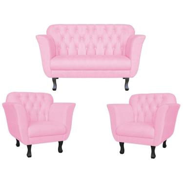 Imagem de Kit Namoradeira + 2 Poltronas Decorativa Dália Suede Rosa Bebê Pés Madeira Mz Decor
