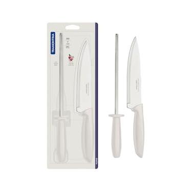 Imagem de Conjunto Faca Chef e Chaira Tramontina Plenus Off-White - 2 Peças