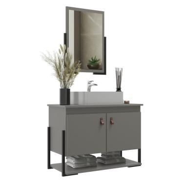Imagem de Gabinete Banheiro 60cm 2 Portas Com Cuba E Espelheira Multimóveis Cr10106 Cimento Cimento