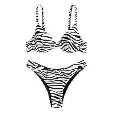 Imagem de SweatyRocks Conjunto de biquíni push up listrado zebra 2 peças feminino, Preto, branco, M