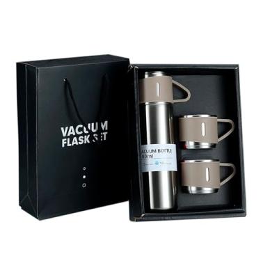 Imagem de Garrafa Térmica de Aço Inox 500ml Com Kit 3 Xícaras Canecas Café Chá Bebidas Quentes e Frias Com Tampa Antivazamento Água Camping Acampamento Embalagem de Presente (Inox)