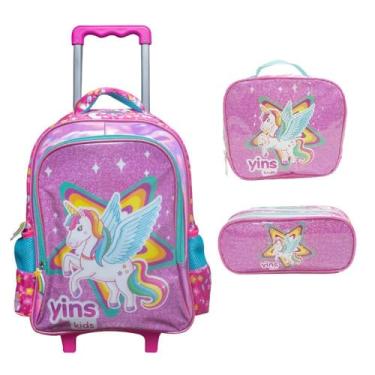 Imagem de Kit Mochila De Rodinha Unicornio Rosa +Lancheira+Estojo Yins