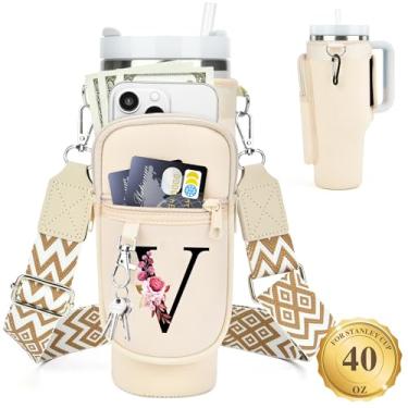 Imagem de LOKASS Suporte de garrafa de água personalizado com alça para acessórios Stanley Cup Tumbler de 1,134 g, bolsa de transporte inicial para garrafa de água com bolso para telefone, para mulheres, ideal