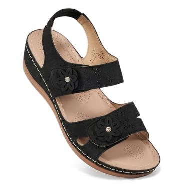 Imagem de FUDYNMALC Sandálias para mulheres sapatos ortopédicos: Sandália feminina confortável e elegante cunha anabela de verão - Sandálias de plataforma casuais com laço de gancho ajustável, Preto 01, 6