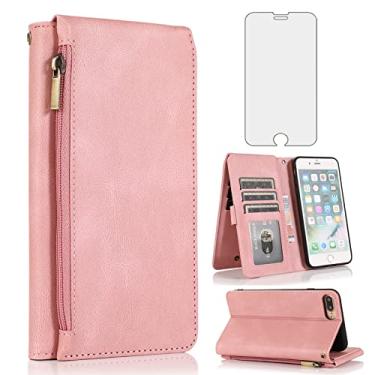 Imagem de Asuwish Compatível com iPhone 7 Plus, 8 Plus, 7/8 Plus, protetor de tela de vidro temperado e zíper retrô, capa flip de couro, suporte para cartão para iPhone 7s 7s + 7+ 8s 8+ 7p 8p feminino ouro rosa