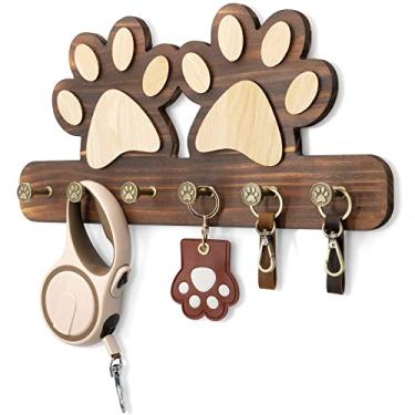 Imagem de MTERSN Porta-chaves de parede Farmhouse – Cabide decorativo para coleira de cachorro montado na parede e cabide com 5 ganchos de garra 3D exclusivos – Organizador de acessórios para cães para decoração de casa rústica (marrom)