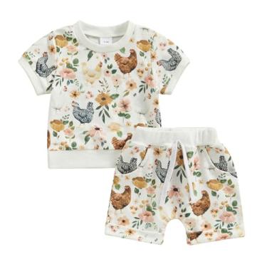 Imagem de Conjunto de camiseta de manga curta para bebês, meninas, meninos, fazenda, flor, galinha, 2 peças, roupas de verão, Branco, 2-3 Anos