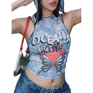 Imagem de Qhpzcy Camiseta regata feminina Few See Through Y2k com estampa gráfica de malha com fivela borboleta, Azul, P