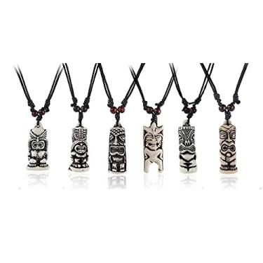 Imagem de Pingyongchang Colar havaiano com pingente de amuleto de proteção de resina Tiki fofa estátua cavada corrente de corda ajustável, joia vintage feita à mão para homens e mulheres, Resina, Liga metálica.