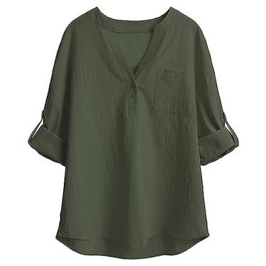 Imagem de Camisetas femininas de linho com gola V, manga 3/4, casual, de algodão, com bainha longa, Verde, P
